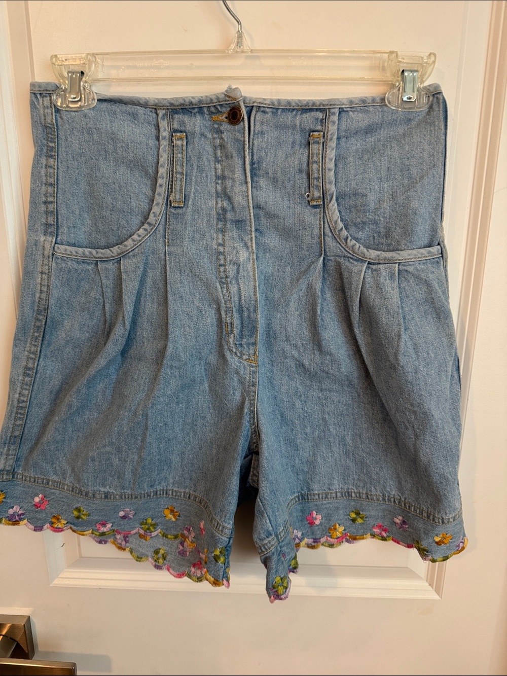 Light Blue Embroidered Scallop Denim Shorts